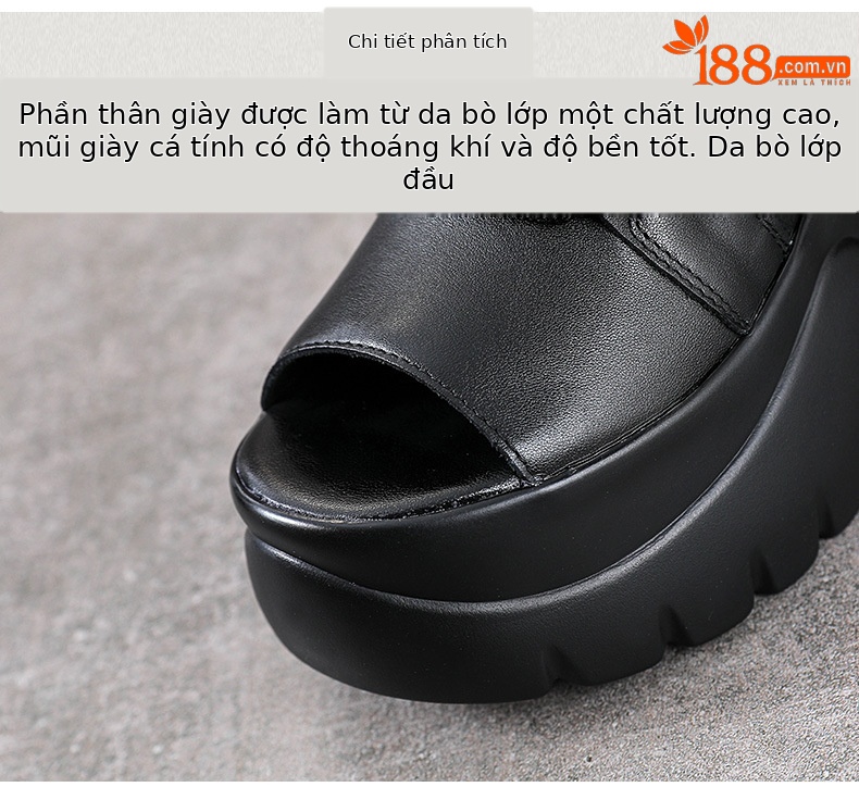 Boot nữ cổ thấp miệng cá đế dày gót 9 cm da thật — Màu đen chi tiết 4