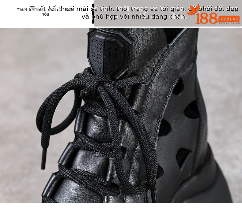 Boot nữ cổ thấp miệng cá đế dày gót 9 cm da thật — Màu đen chi tiết 5