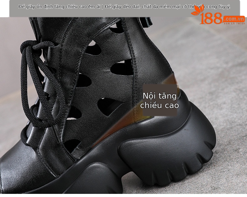 Boot nữ cổ thấp miệng cá đế dày gót 9 cm da thật — Màu đen chi tiết 8