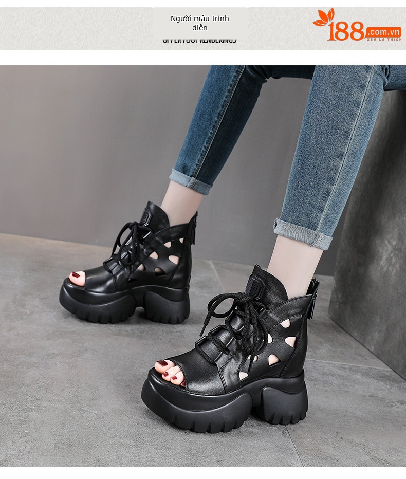 Boot nữ cổ thấp miệng cá đế dày gót 9 cm da thật — Màu đen chi tiết 9