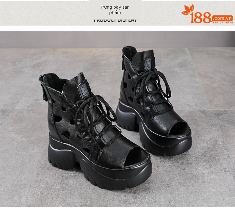 Boot nữ cổ thấp miệng cá đế dày gót 9 cm da thật — Màu đen chi tiết 10
