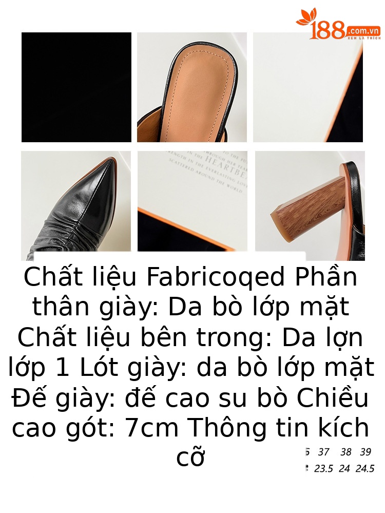 Dép mule nữ mũi nhọn gót thô da thật thiết kế cao gót — Màu be chi tiết 2