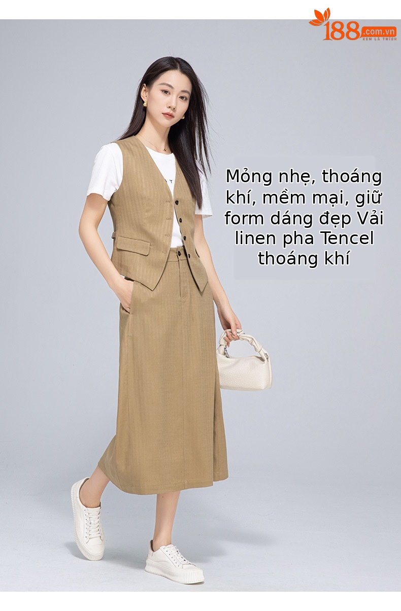 Chân váy bút chì nữ công sở dáng ôm, chất liệu tơ lanh mềm mại, xẻ tà bên, dài midi — Mocha Mousse (áo vest 65308) chi tiết 11