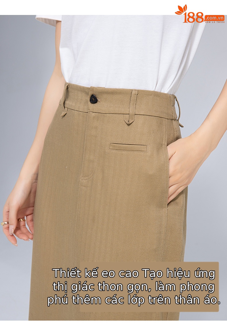 Chân váy bút chì nữ công sở dáng ôm, chất liệu tơ lanh mềm mại, xẻ tà bên, dài midi — Mocha Mousse (áo vest 65308) chi tiết 12