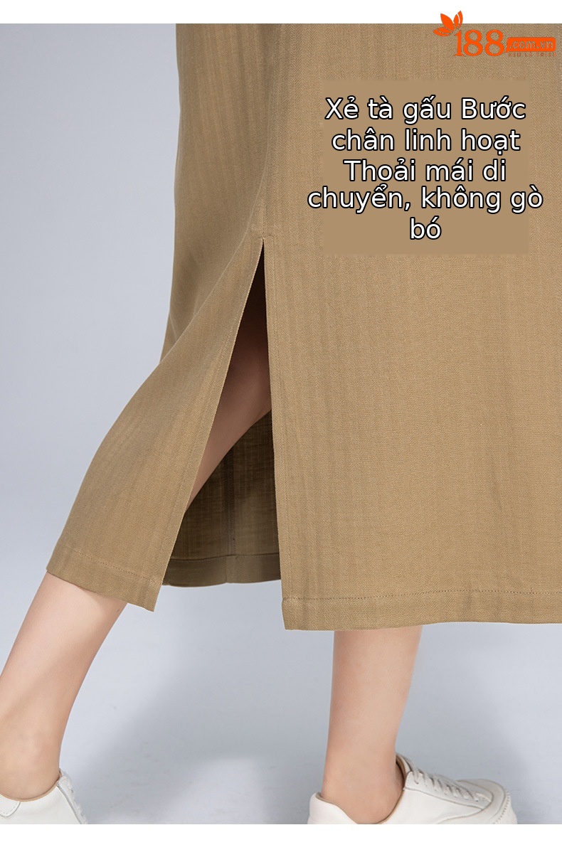 Chân váy bút chì nữ công sở dáng ôm, chất liệu tơ lanh mềm mại, xẻ tà bên, dài midi — Mocha Mousse (áo vest 65308) chi tiết 14