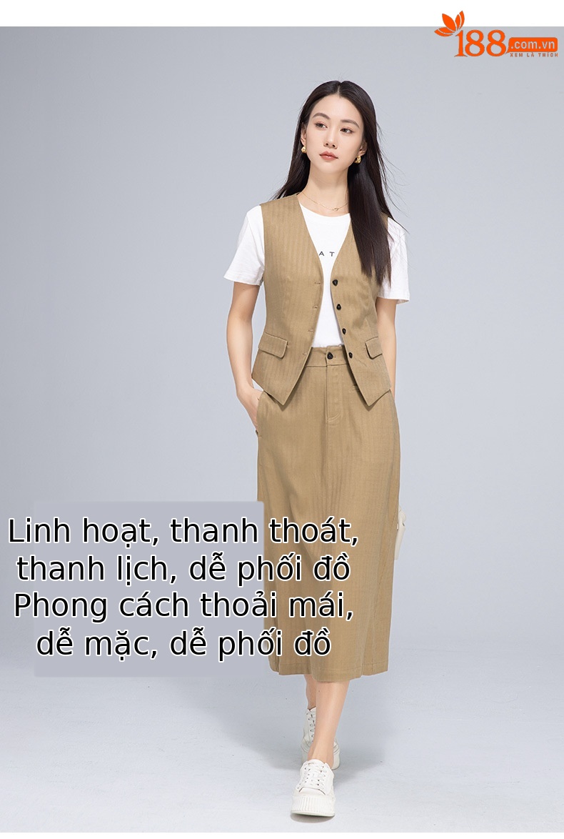 Chân váy bút chì nữ công sở dáng ôm, chất liệu tơ lanh mềm mại, xẻ tà bên, dài midi — Mocha Mousse (áo vest 65308) chi tiết 15