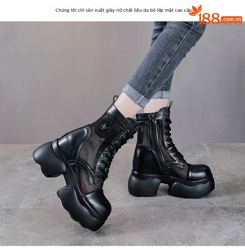 Bốt Martin đục lỗ lưới ống giữa đế dày gót thô da bò — Màu đen chi tiết 2