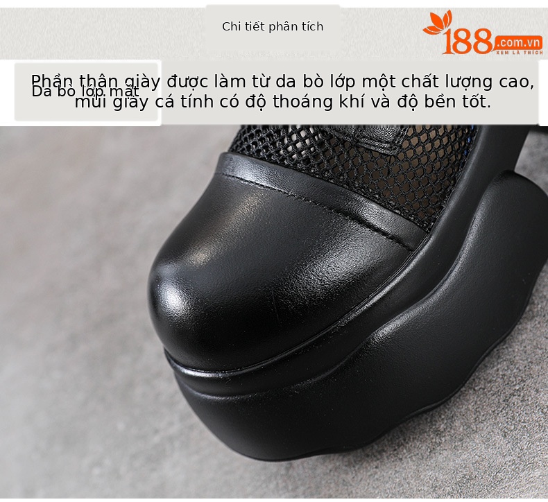 Bốt Martin đục lỗ lưới ống giữa đế dày gót thô da bò — Màu đen chi tiết 4