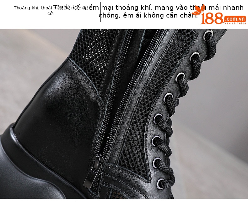 Bốt Martin đục lỗ lưới ống giữa đế dày gót thô da bò — Màu đen chi tiết 6