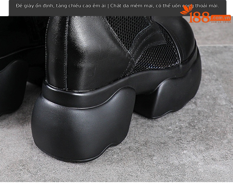Bốt Martin đục lỗ lưới ống giữa đế dày gót thô da bò — Màu đen chi tiết 8