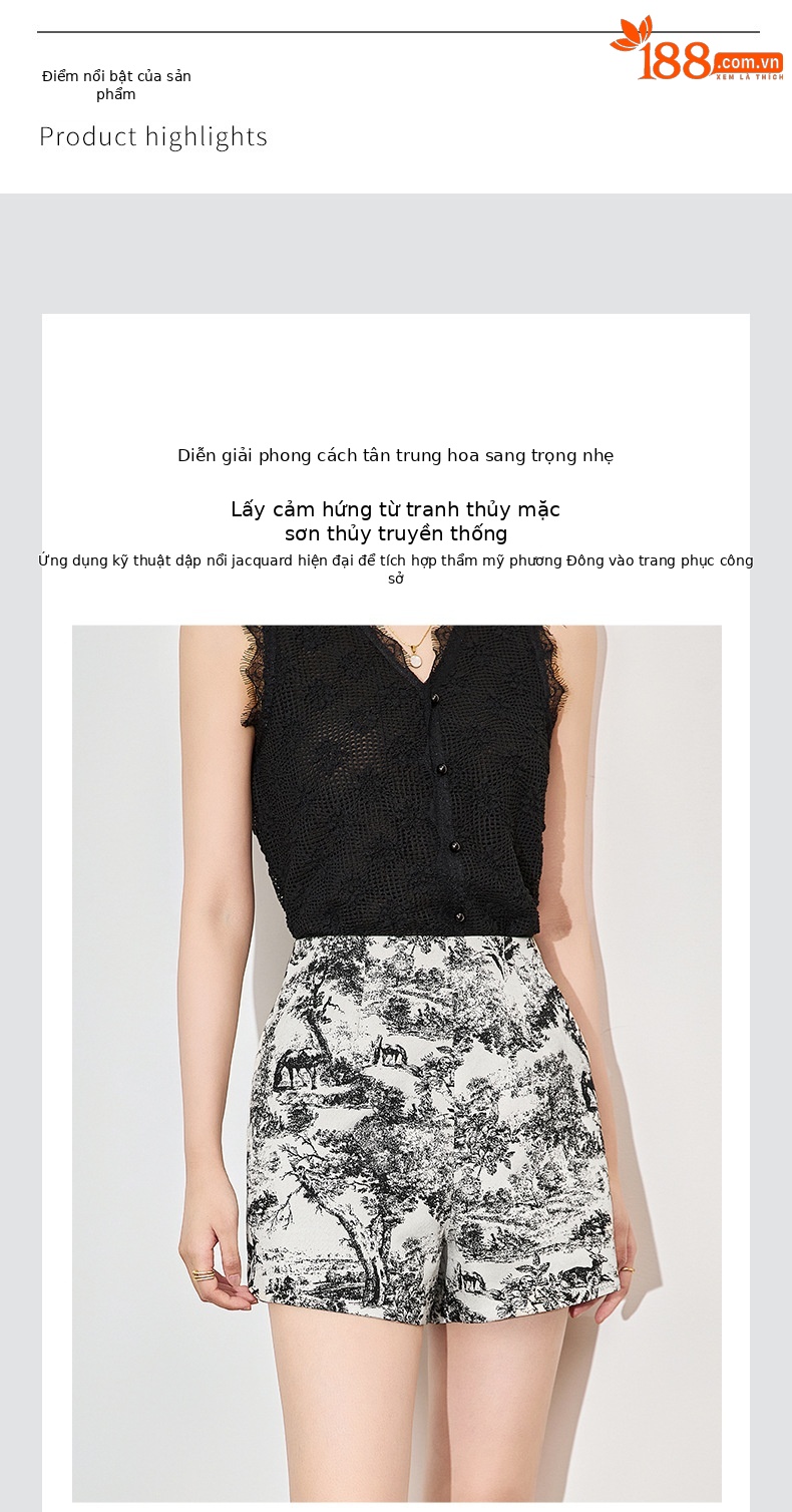 Quần short nữ cạp cao họa tiết tranh mực nổi jacquard phong cách thời trang cao cấp — Màu hoa chi tiết 4