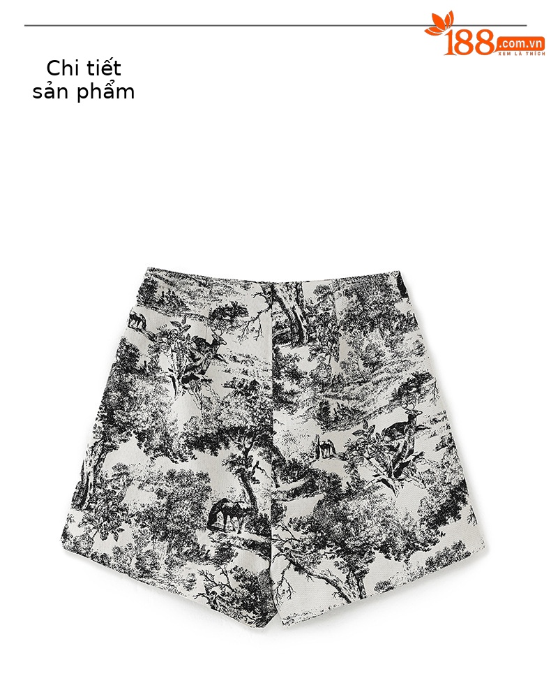 Quần short nữ cạp cao họa tiết tranh mực nổi jacquard phong cách thời trang cao cấp — Màu hoa chi tiết 10