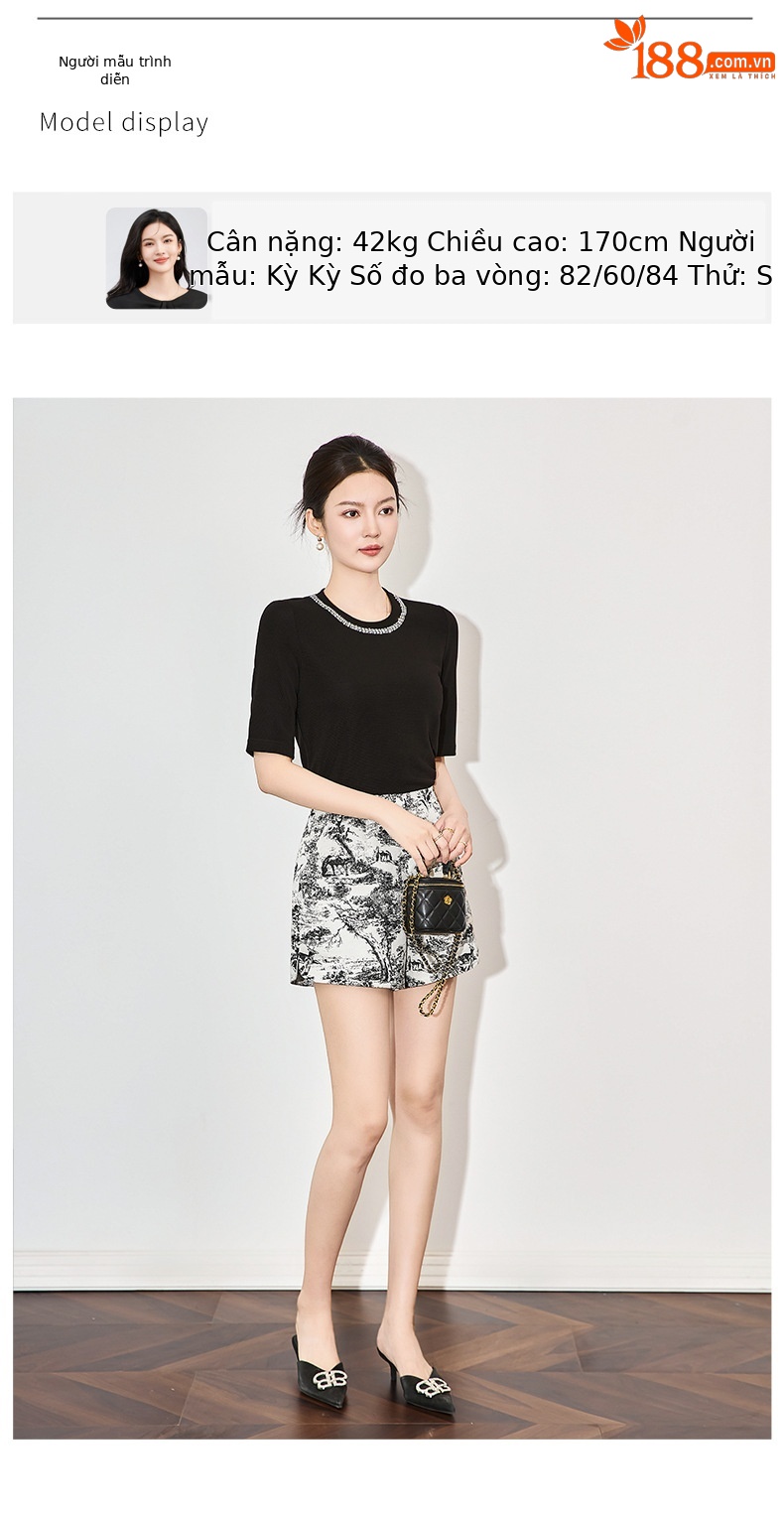 Quần short nữ cạp cao họa tiết tranh mực nổi jacquard phong cách thời trang cao cấp — Màu hoa chi tiết 6