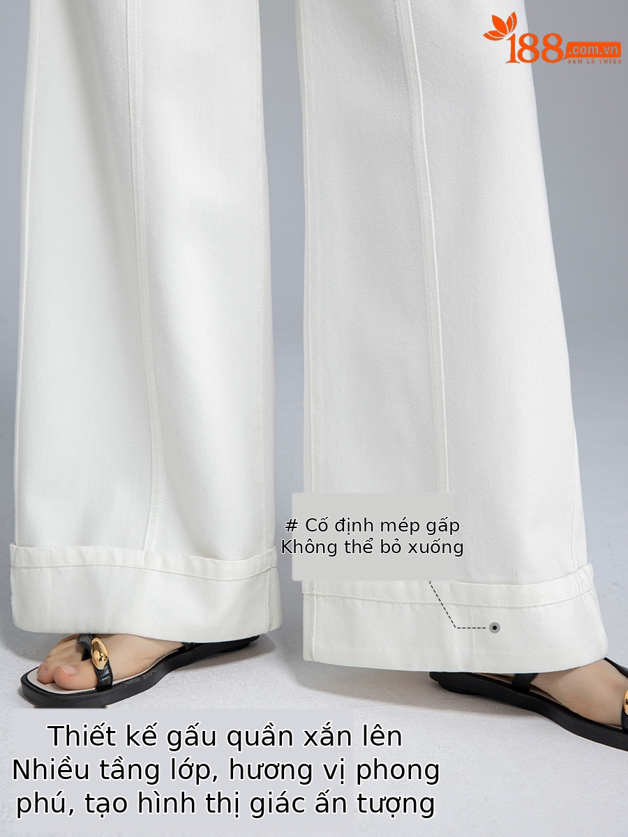 Quần jean ống rộng nữ cạp cao vải Tencel cotton mềm mại, dáng suông rộng, gấu xắn, mỏng nhẹ mùa hè — Màu trắng