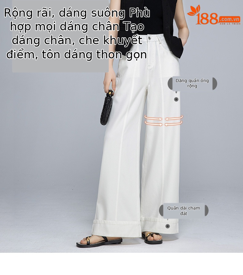 Quần jean ống rộng nữ cạp cao vải Tencel cotton mềm mại, dáng suông rộng, gấu xắn, mỏng nhẹ mùa hè — Màu trắng chi tiết 7