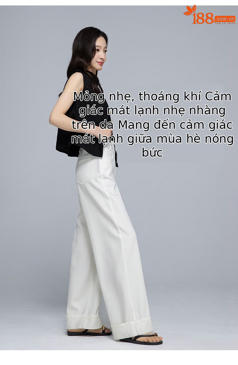 Quần jean ống rộng nữ cạp cao vải Tencel cotton mềm mại, dáng suông rộng, gấu xắn, mỏng nhẹ mùa hè — Màu trắng chi tiết 8