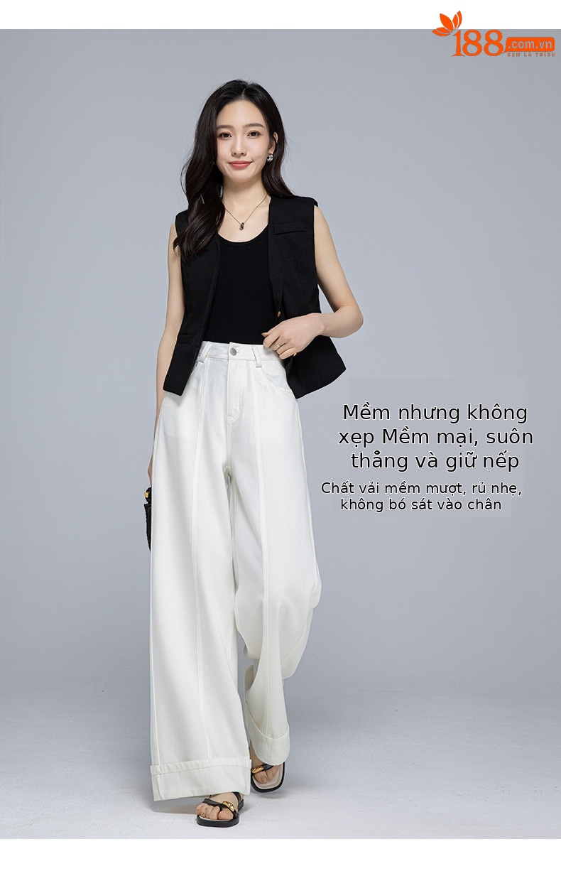Quần jean ống rộng nữ cạp cao vải Tencel cotton mềm mại, dáng suông rộng, gấu xắn, mỏng nhẹ mùa hè — Màu trắng chi tiết 9