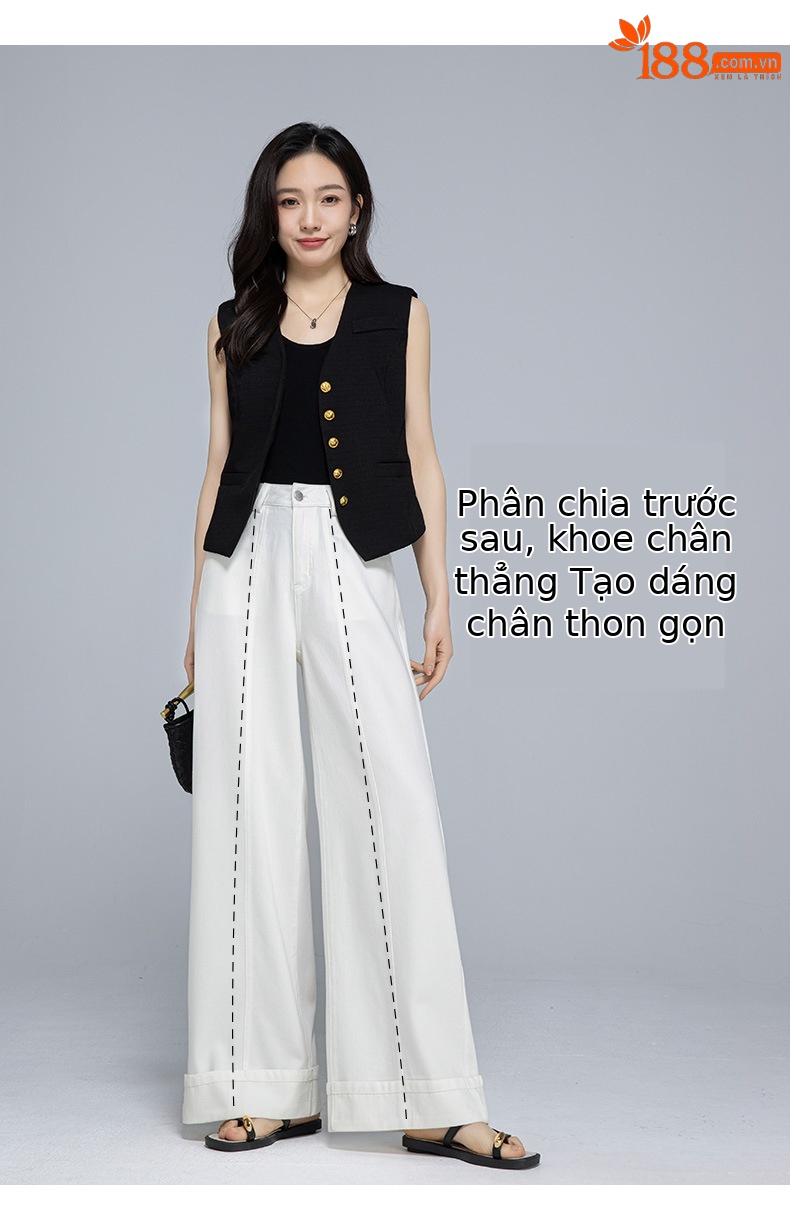 Quần jean ống rộng nữ cạp cao vải Tencel cotton mềm mại, dáng suông rộng, gấu xắn, mỏng nhẹ mùa hè — Màu trắng chi tiết 10