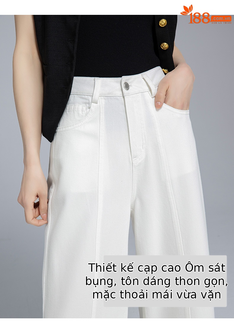 Quần jean ống rộng nữ cạp cao vải Tencel cotton mềm mại, dáng suông rộng, gấu xắn, mỏng nhẹ mùa hè — Màu trắng chi tiết 11