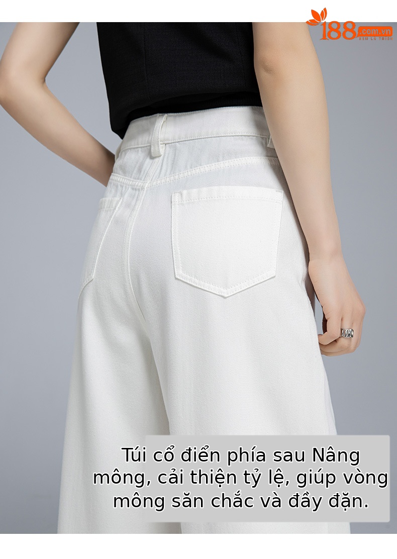 Quần jean ống rộng nữ cạp cao vải Tencel cotton mềm mại, dáng suông rộng, gấu xắn, mỏng nhẹ mùa hè — Màu trắng chi tiết 12
