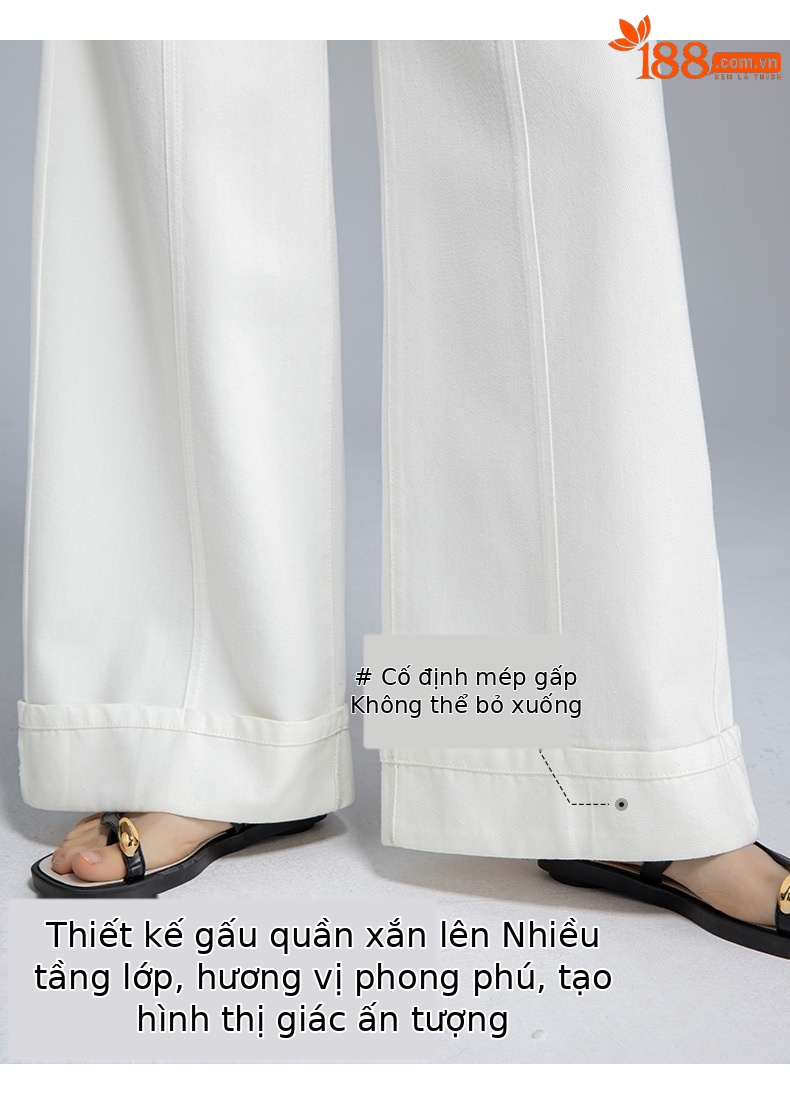 Quần jean ống rộng nữ cạp cao vải Tencel cotton mềm mại, dáng suông rộng, gấu xắn, mỏng nhẹ mùa hè — Màu trắng chi tiết 13