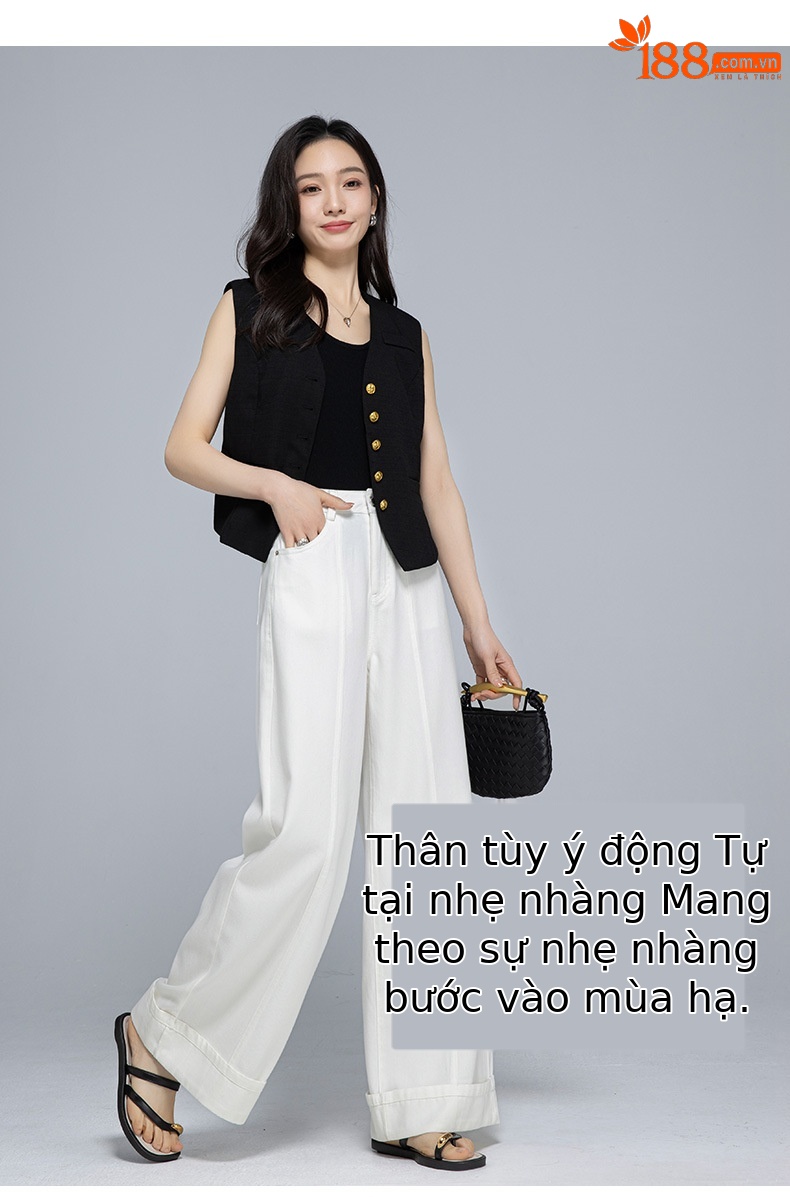 Quần jean ống rộng nữ cạp cao vải Tencel cotton mềm mại, dáng suông rộng, gấu xắn, mỏng nhẹ mùa hè — Màu trắng chi tiết 14