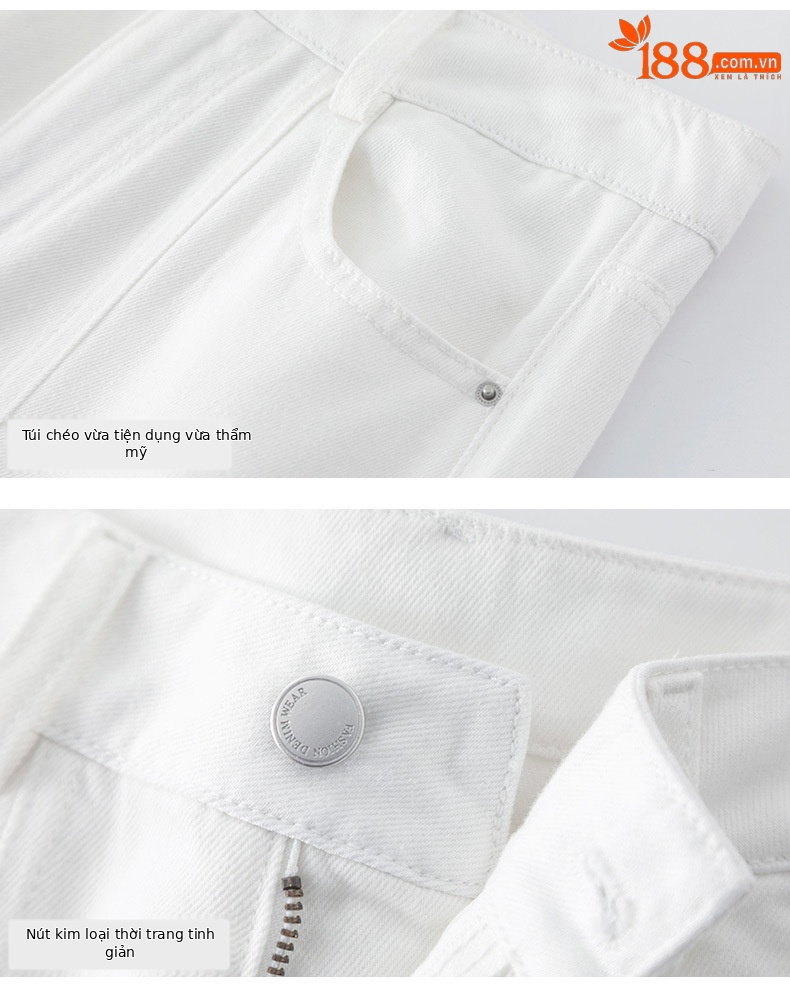 Quần jean ống rộng nữ cạp cao vải Tencel cotton mềm mại, dáng suông rộng, gấu xắn, mỏng nhẹ mùa hè — Màu trắng chi tiết 16