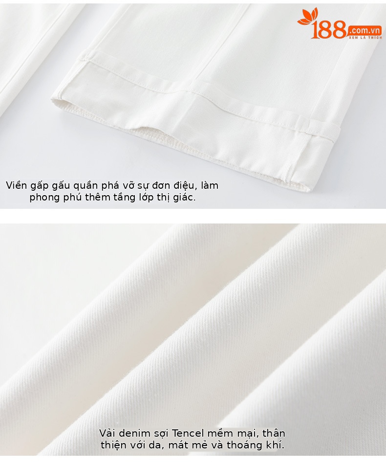 Quần jean ống rộng nữ cạp cao vải Tencel cotton mềm mại, dáng suông rộng, gấu xắn, mỏng nhẹ mùa hè — Màu trắng chi tiết 18