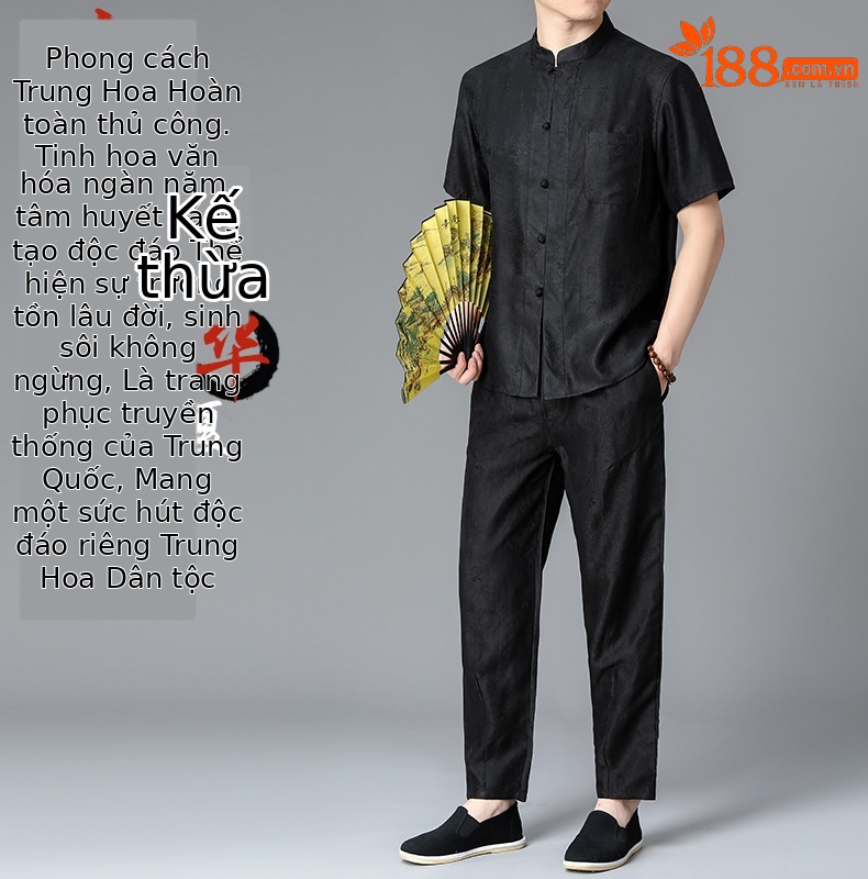 Áo sơ mi ngắn tay lụa tơ tằm họa tiết hoa mây phong cách Trung Quốc thời Đường — Bộ đồ đen 863-9 chi tiết 1
