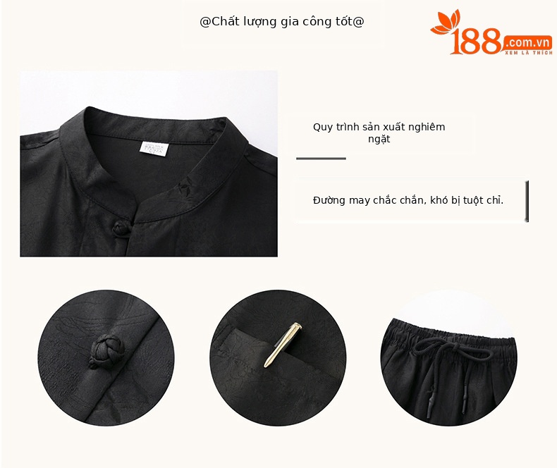 Áo sơ mi ngắn tay lụa tơ tằm họa tiết hoa mây phong cách Trung Quốc thời Đường — Bộ đồ đen 863-9 chi tiết 3