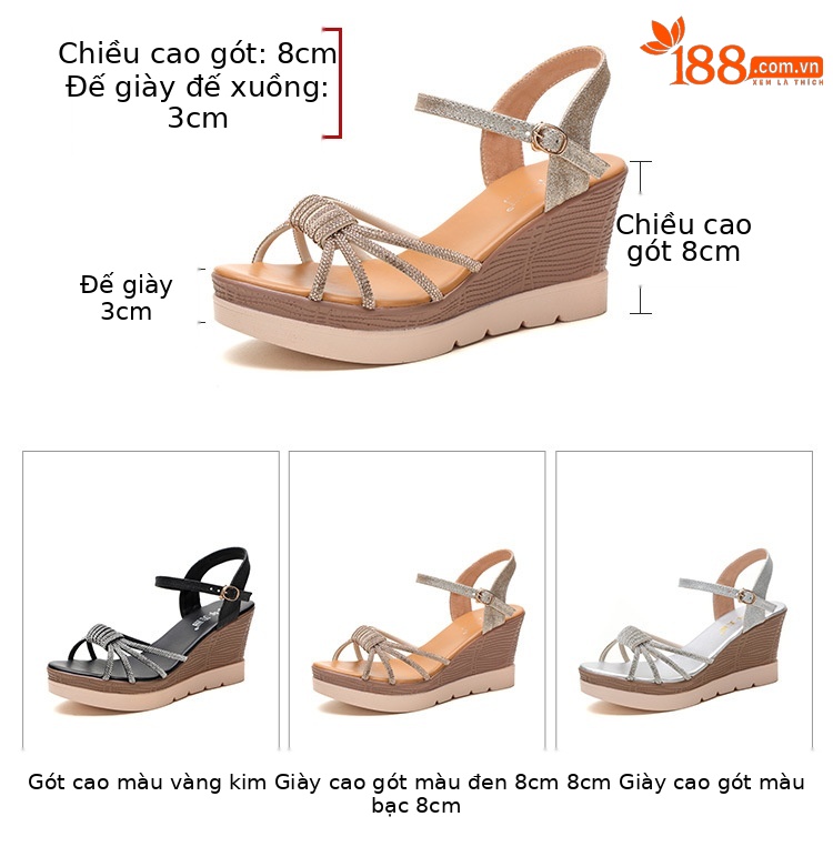Dép sandal nữ xỏ ngón đế dày gót vừa đính đá lỗ rỗng mùa hè 2025 — Màu đen, Màu vàng, Màu bạc chi tiết 5