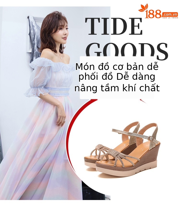 Dép sandal nữ xỏ ngón đế dày gót vừa đính đá lỗ rỗng mùa hè 2025 — Màu đen, Màu vàng, Màu bạc chi tiết 6