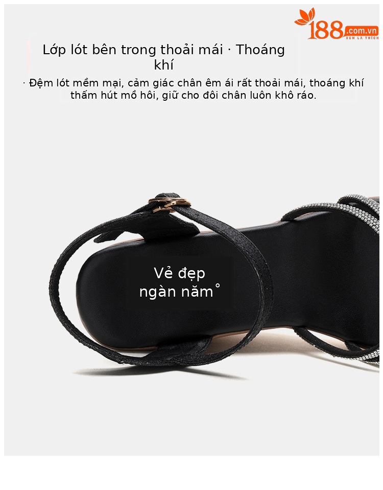Dép sandal nữ xỏ ngón đế dày gót vừa đính đá lỗ rỗng mùa hè 2025 — Màu đen, Màu vàng, Màu bạc chi tiết 8
