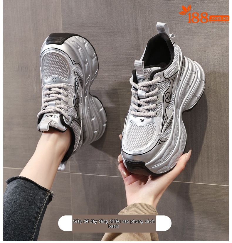 Giày sneaker nữ chunky đế dày mặt lưới tăng chiều cao — Màu trắng chi tiết 1