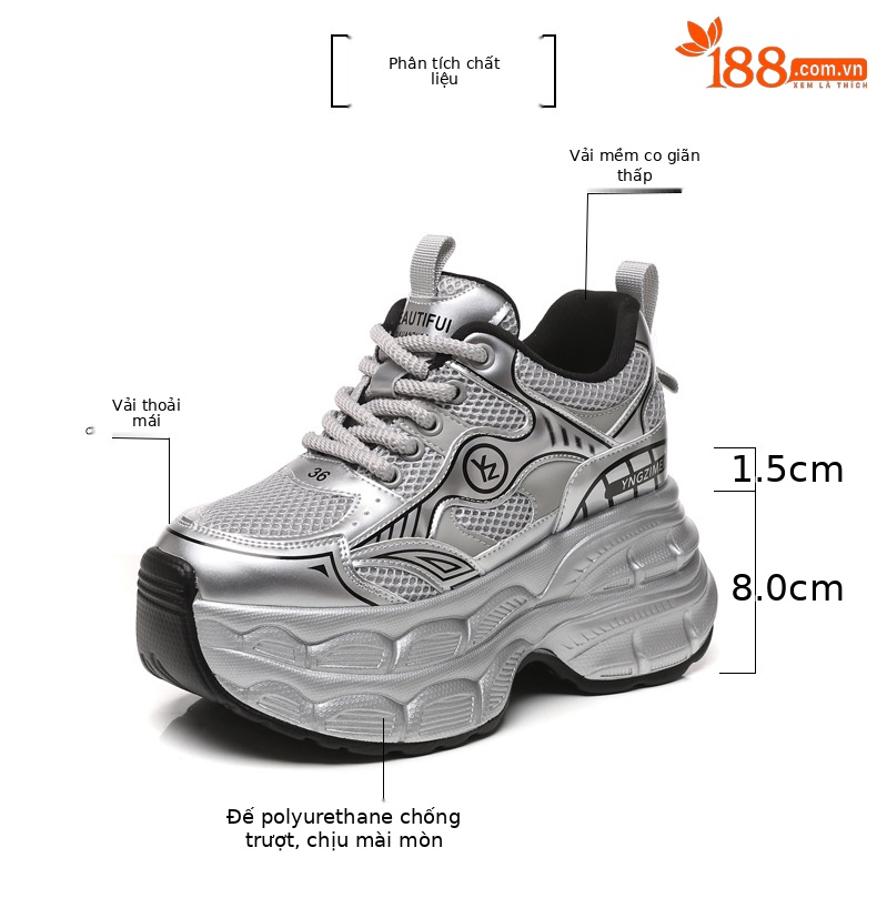 Giày sneaker nữ chunky đế dày mặt lưới tăng chiều cao — Màu trắng chi tiết 3