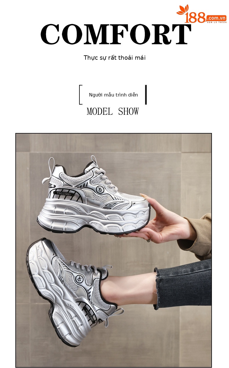 Giày sneaker nữ chunky đế dày mặt lưới tăng chiều cao — Màu trắng chi tiết 11
