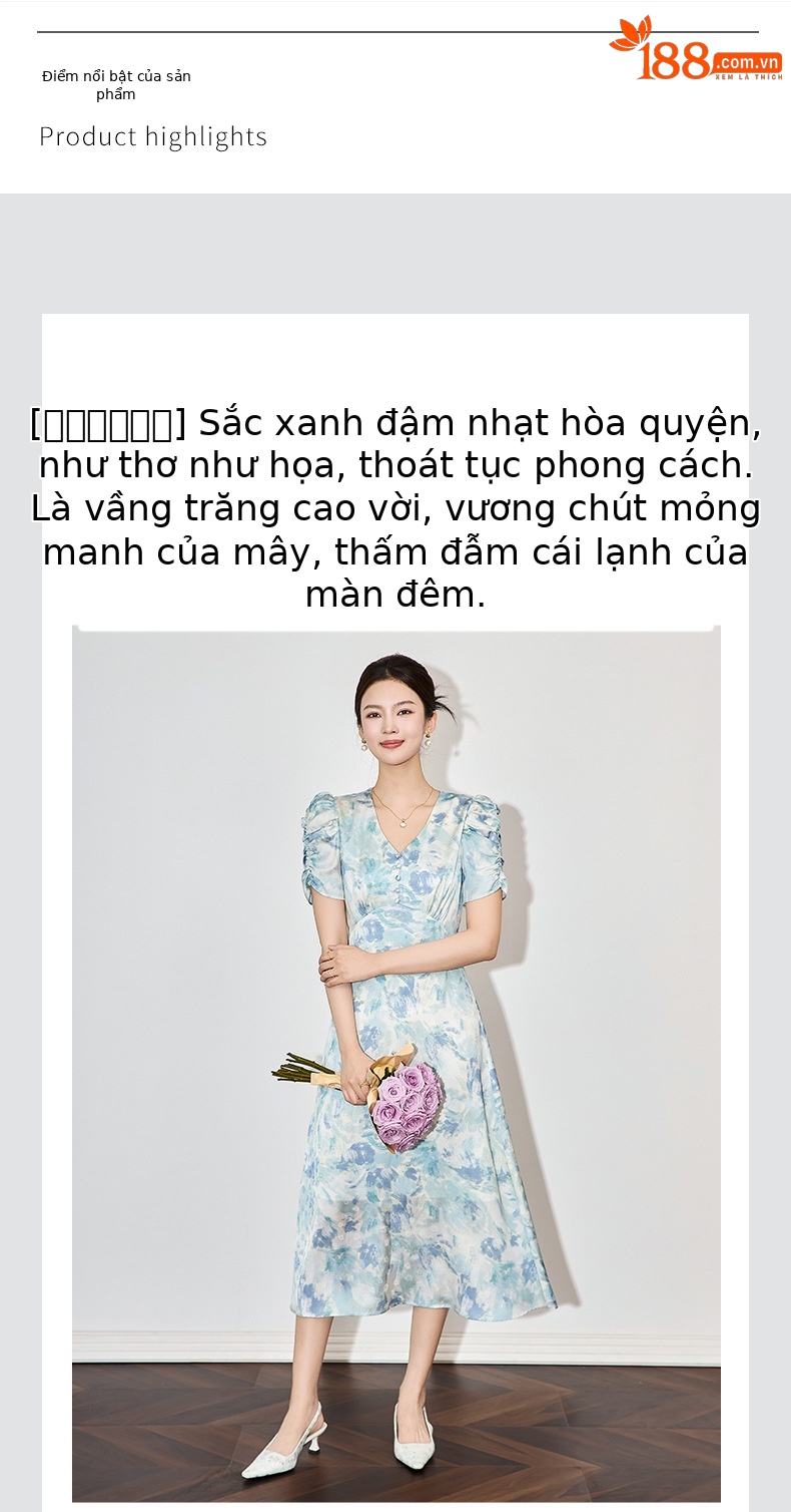 Đầm maxi nữ thắt eo chất liệu jacquard in họa tiết cao cấp — Màu xanh lam chi tiết 4