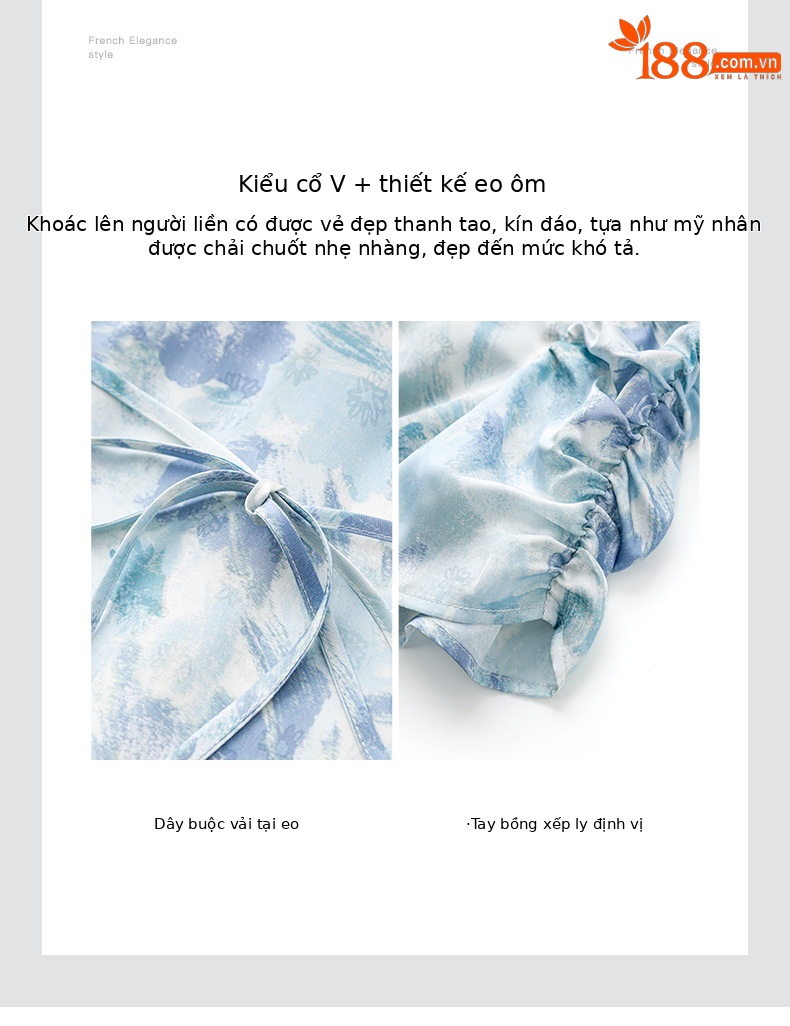 Đầm maxi nữ thắt eo chất liệu jacquard in họa tiết cao cấp — Màu xanh lam chi tiết 5