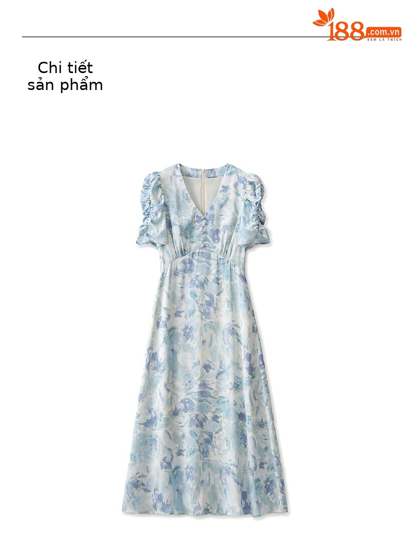 Đầm maxi nữ thắt eo chất liệu jacquard in họa tiết cao cấp — Màu xanh lam chi tiết 10