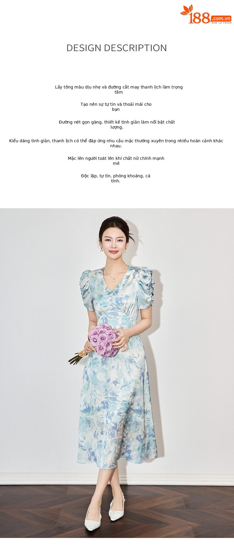 Đầm maxi nữ thắt eo chất liệu jacquard in họa tiết cao cấp — Màu xanh lam chi tiết 2