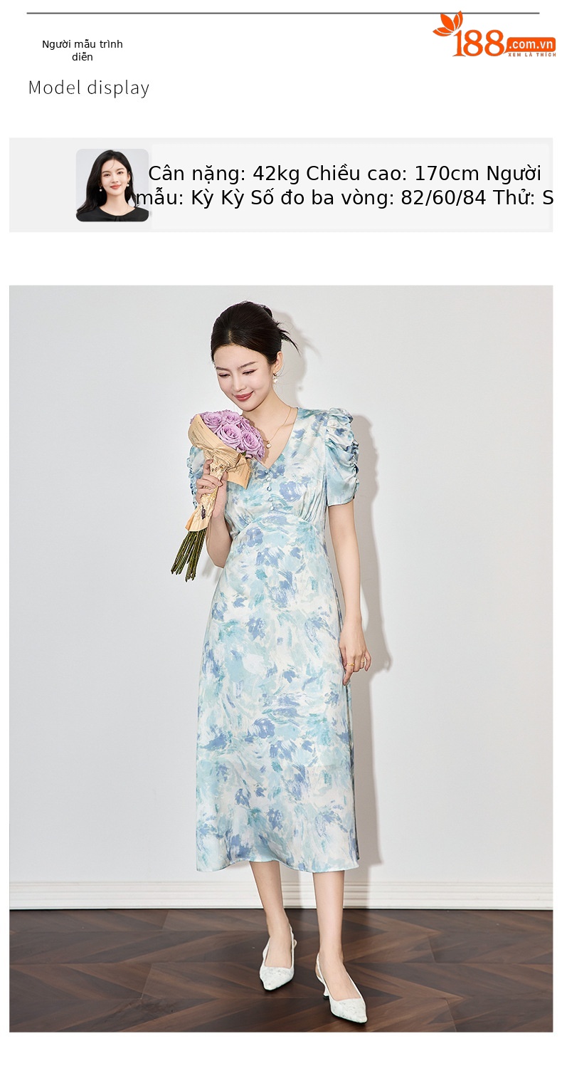 Đầm maxi nữ thắt eo chất liệu jacquard in họa tiết cao cấp — Màu xanh lam chi tiết 6