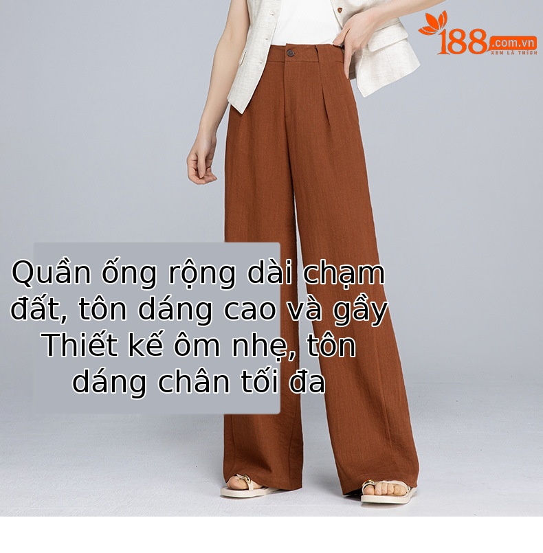 Quần ống rộng cạp cao vải lanh phối tơ mỏng nhẹ mùa hè dáng suông dài chạm đất — Màu xanh lam đậm chi tiết 9