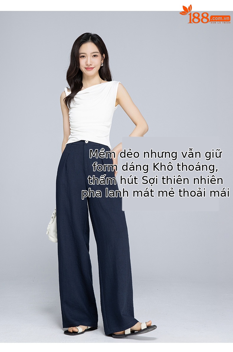 Quần ống rộng cạp cao vải lanh phối tơ mỏng nhẹ mùa hè dáng suông dài chạm đất — Màu xanh lam đậm chi tiết 10