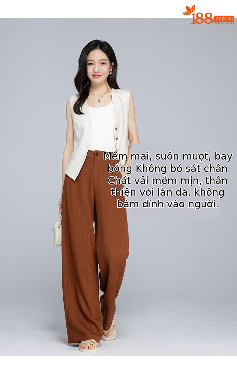 Quần ống rộng cạp cao vải lanh phối tơ mỏng nhẹ mùa hè dáng suông dài chạm đất — Màu xanh lam đậm chi tiết 11