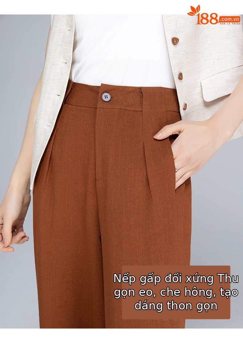 Quần ống rộng cạp cao vải lanh phối tơ mỏng nhẹ mùa hè dáng suông dài chạm đất — Màu xanh lam đậm chi tiết 12