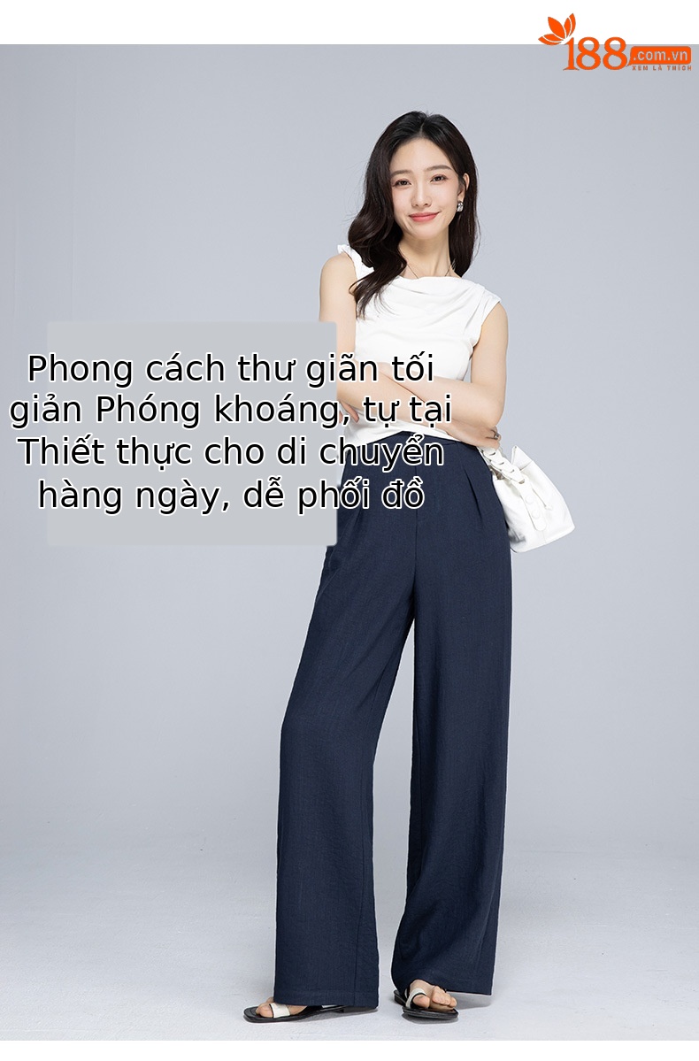 Quần ống rộng cạp cao vải lanh phối tơ mỏng nhẹ mùa hè dáng suông dài chạm đất — Màu xanh lam đậm chi tiết 14