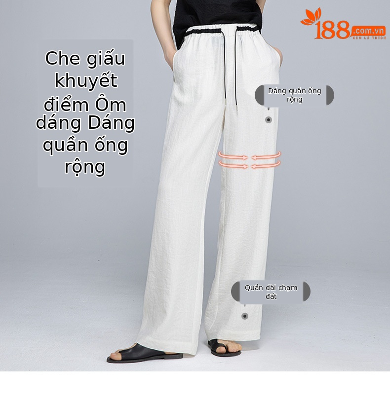 Quần ống rộng nữ vải lanh phối màu cạp chun dáng suông mát mẻ — Màu trắng chi tiết 8
