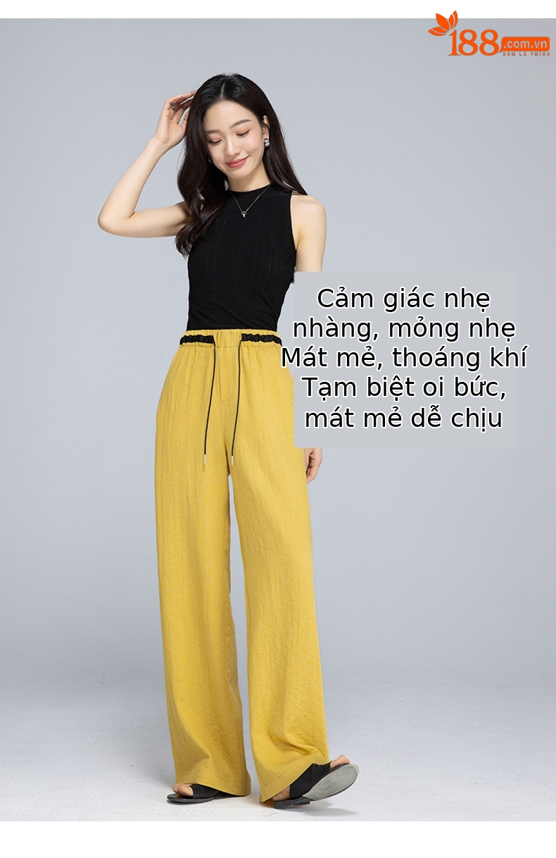 Quần ống rộng nữ vải lanh phối màu cạp chun dáng suông mát mẻ — Màu trắng chi tiết 9