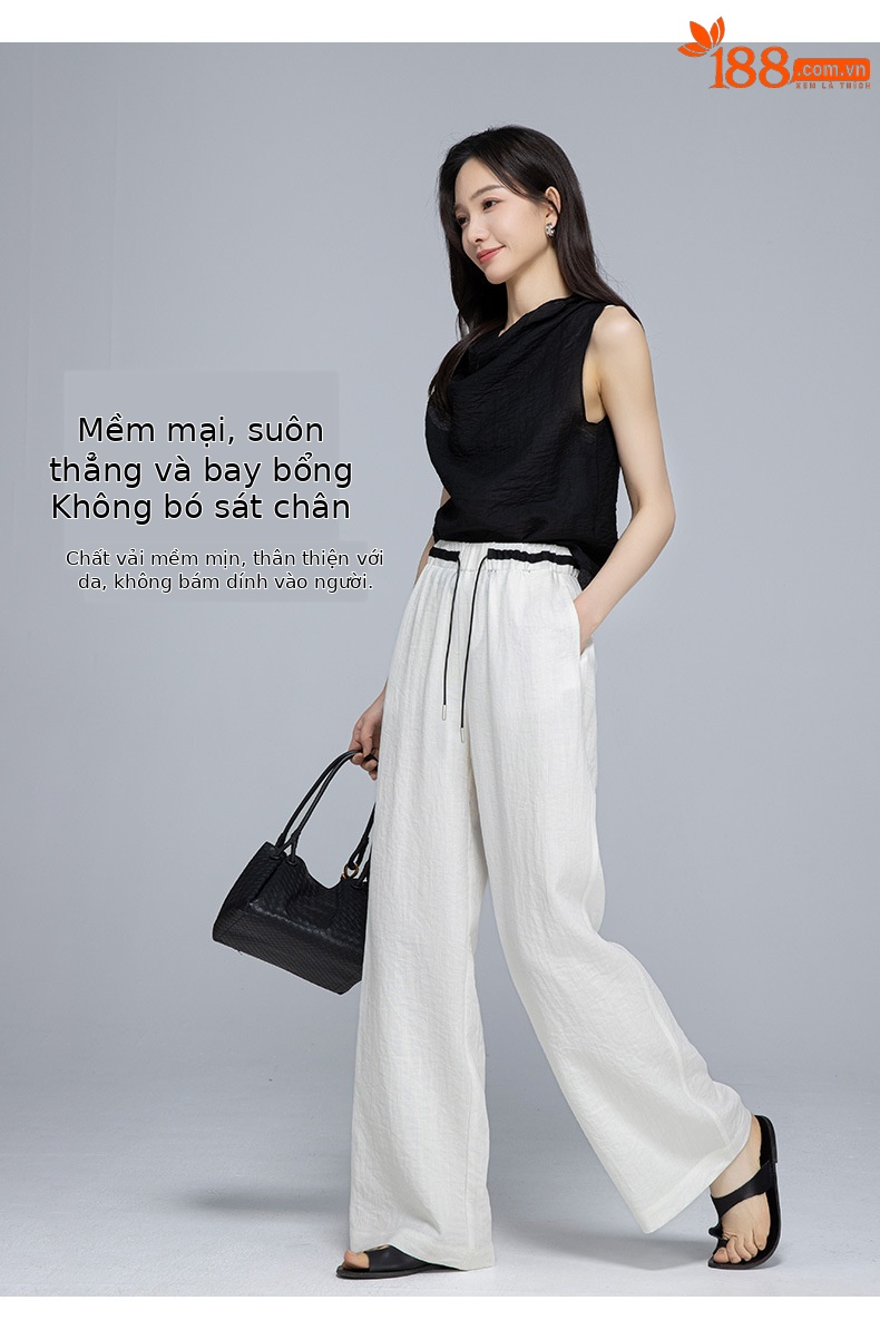 Quần ống rộng nữ vải lanh phối màu cạp chun dáng suông mát mẻ — Màu trắng chi tiết 10