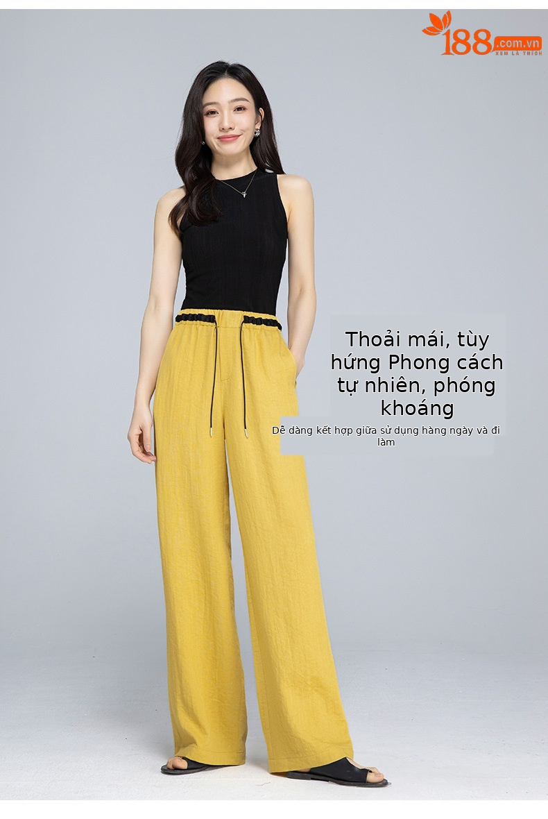 Quần ống rộng nữ vải lanh phối màu cạp chun dáng suông mát mẻ — Màu trắng chi tiết 12
